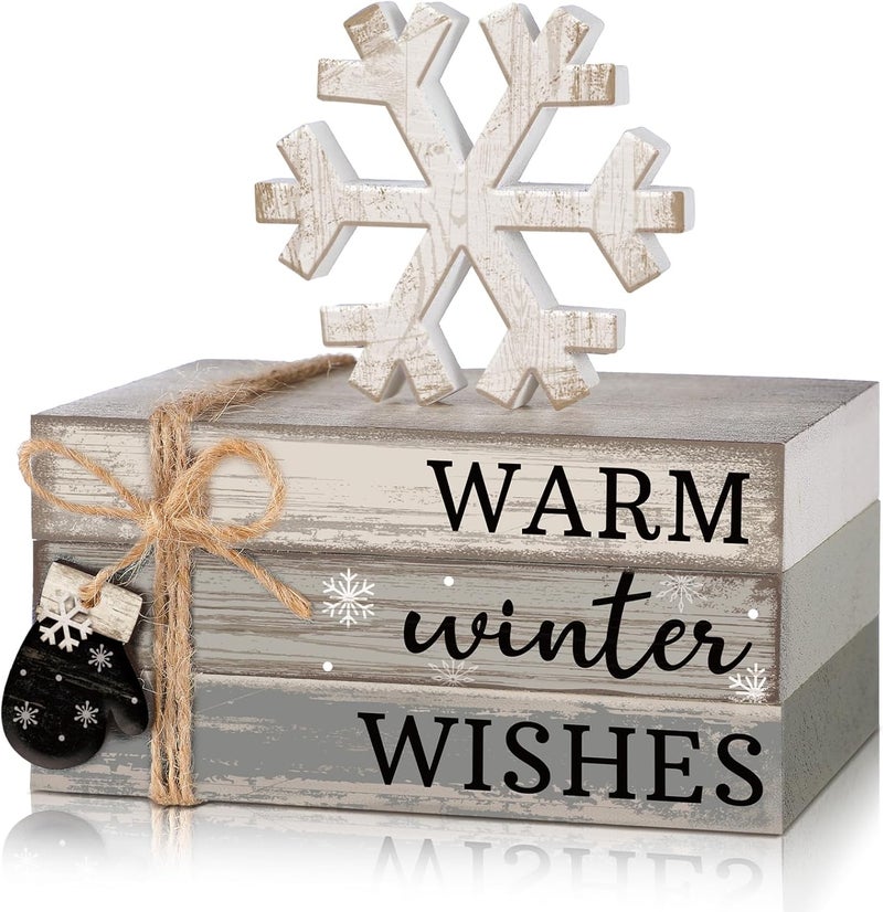 Anglechic 4 Pcs Winter Table Decorations Snowflake Tiered Tray Decor Warm Wishes Centerpiece Decorations Indoor Rustic Wooden Snowflake Block Sign Gift Farmhouse for Home Kitchen Shelf - Image 1
